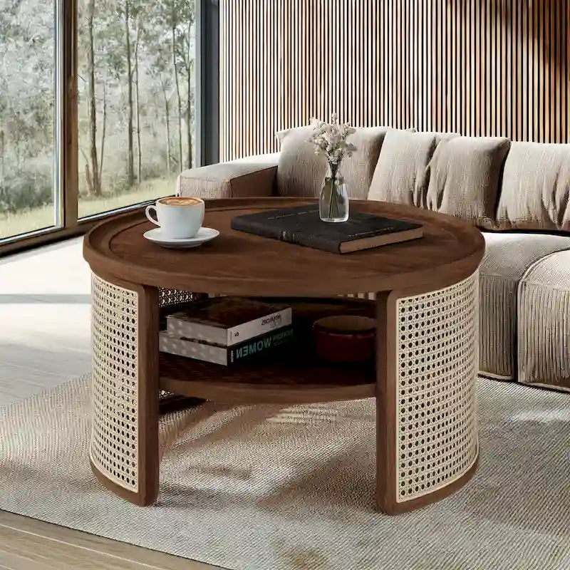 Table basse ronde en bois de noyer avec rangement étagé