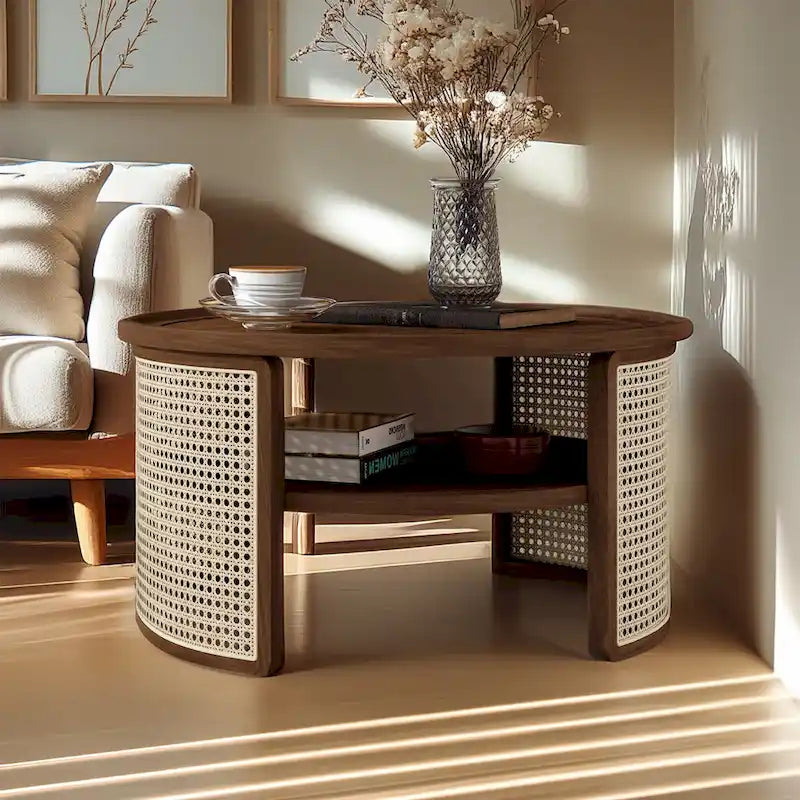 Table basse ronde en bois de noyer avec rangement étagé