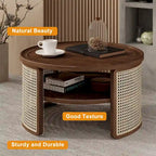Table basse ronde en bois de noyer avec rangement étagé