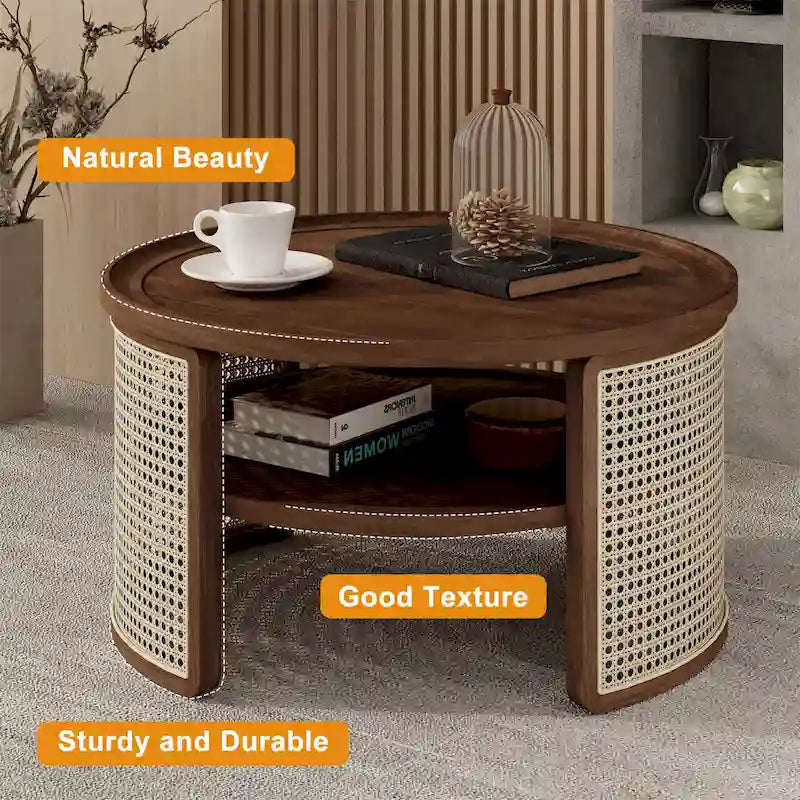 Table basse ronde en bois de noyer avec rangement étagé