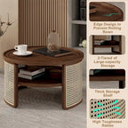Table basse ronde en bois de noyer avec rangement étagé