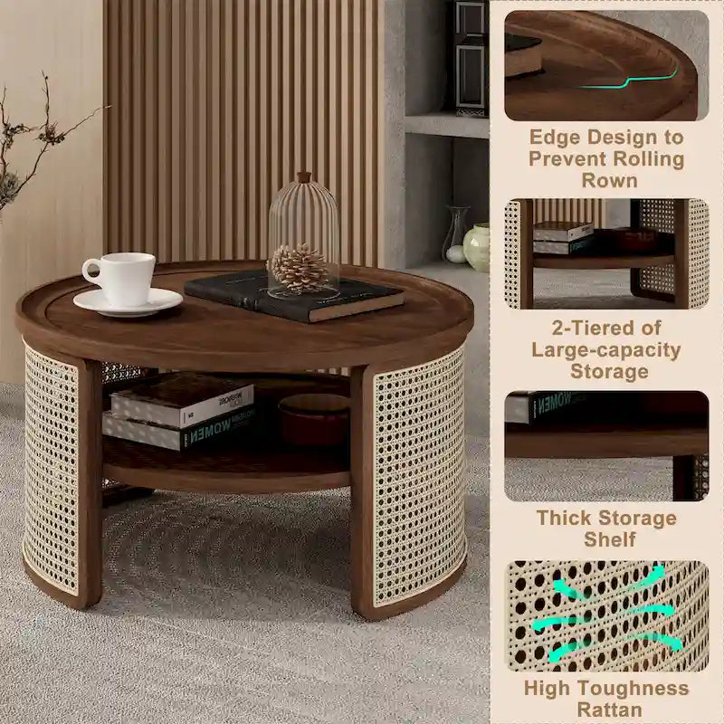Table basse ronde en bois de noyer avec rangement étagé