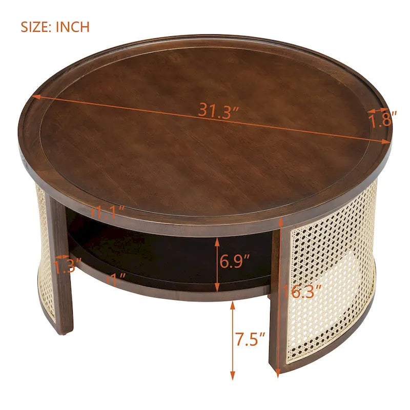 Table basse ronde en bois de noyer avec rangement étagé