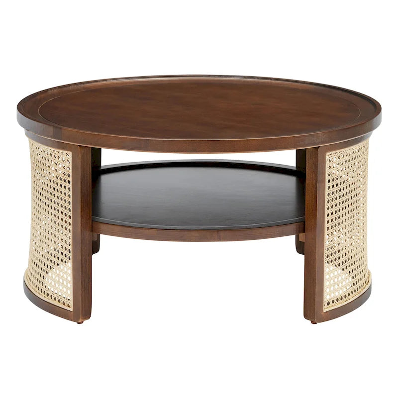 Table basse ronde en bois de noyer avec rangement étagé