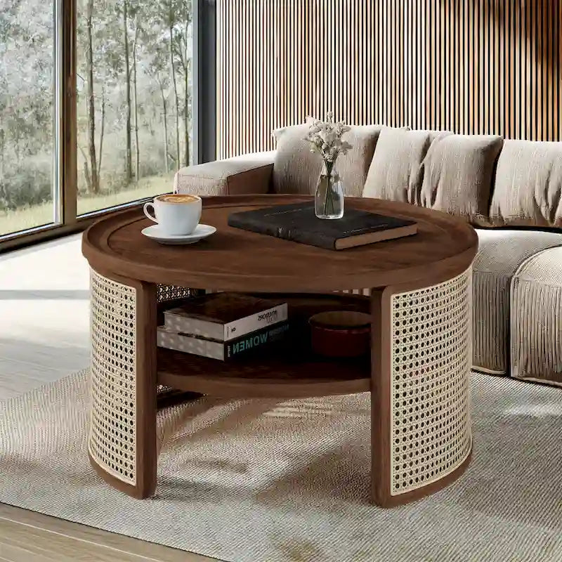 Table basse ronde en bois de noyer avec rangement étagé