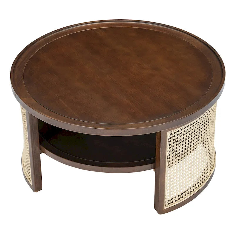 Table basse ronde en bois de noyer avec rangement étagé