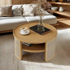 Table basse ronde en bois de noyer avec rangement étagé