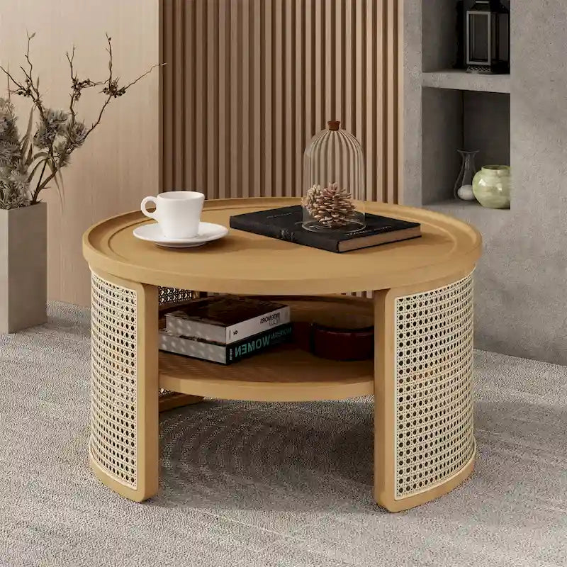 Table basse ronde en bois de noyer avec rangement étagé