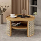Table basse ronde en bois de noyer avec rangement étagé