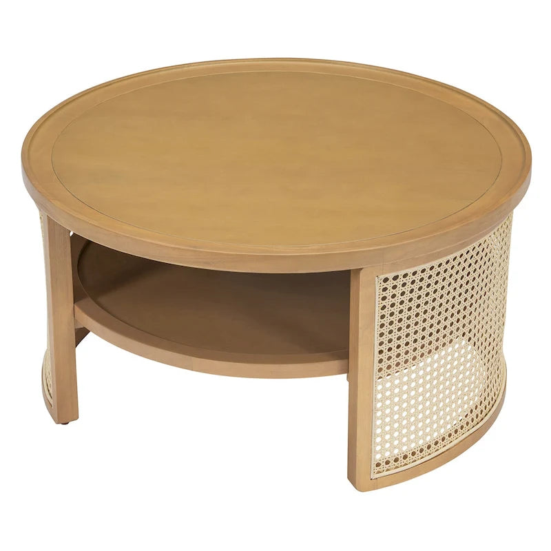 Table basse ronde en bois de noyer avec rangement étagé