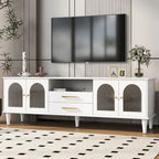 Meuble TV rétro de 68,9 po pour téléviseurs jusqu'à 75 po, console multimédia de centre de divertissement avec portes en verre cannelé pour salon