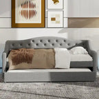 Upholstered Twin XL Size Daybed with LED Belt and Trundle, Gray