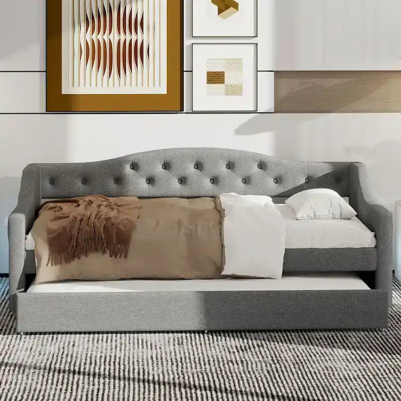 Upholstered Twin XL Size Daybed with LED Belt and Trundle, Gray