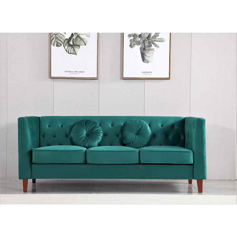Canapé Chesterfield classique en velours avec pieds en bois