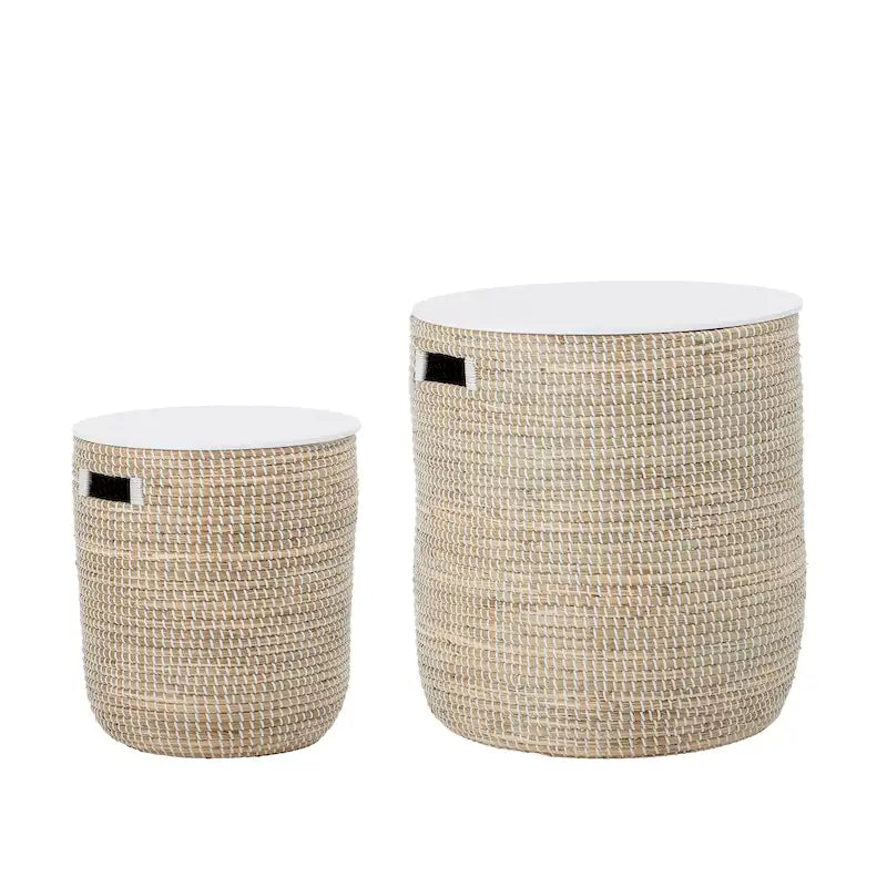 Tables en jonc de mer avec rangements et plateaux en bois