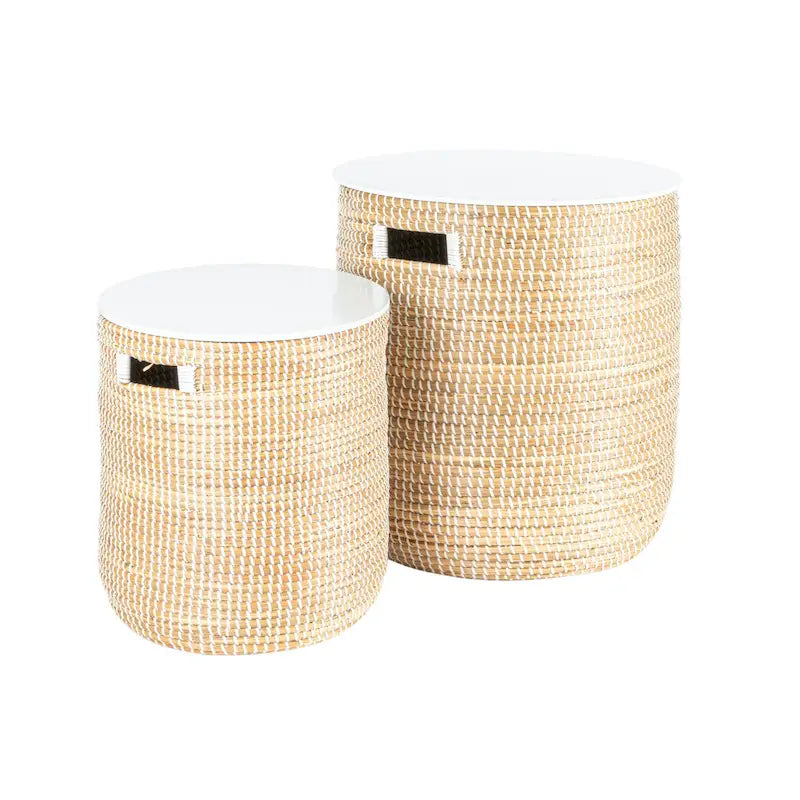 Tables en jonc de mer avec rangements et plateaux en bois