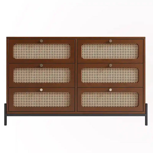 Table de chevet 6 tiroirs en rotin et bois
