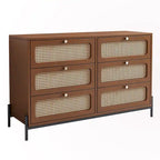 Table de chevet 6 tiroirs en rotin et bois