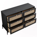 Table de chevet 6 tiroirs en rotin et bois