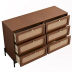 Table de chevet 6 tiroirs en rotin et bois