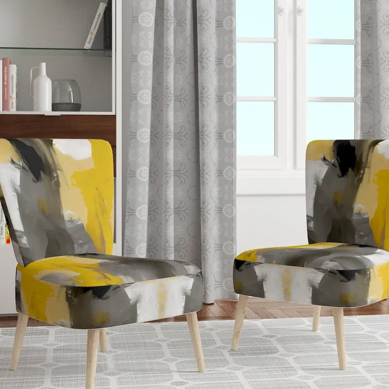 Fauteuil d'appoint abstrait rembourré Jaune Moutarde et Gris Vif II