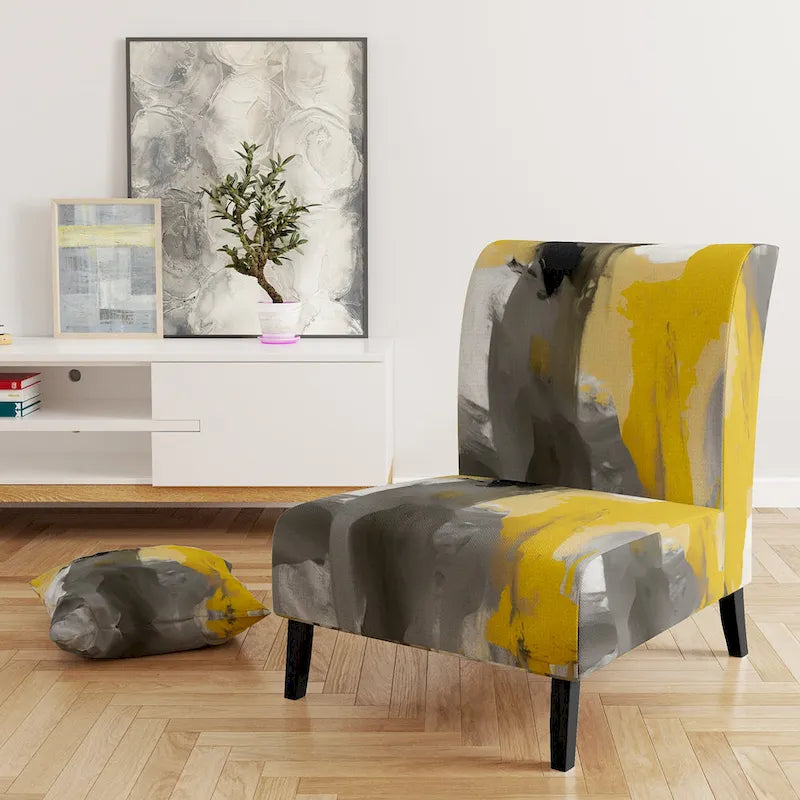 Fauteuil d'appoint abstrait rembourré Jaune Moutarde et Gris Vif II