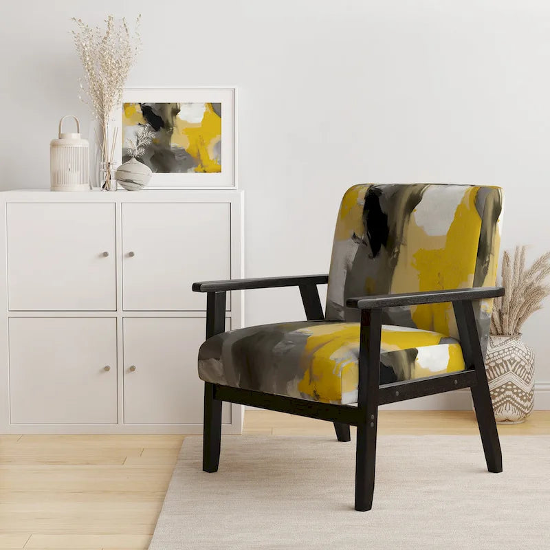 Fauteuil d'appoint abstrait rembourré Jaune Moutarde et Gris Vif II