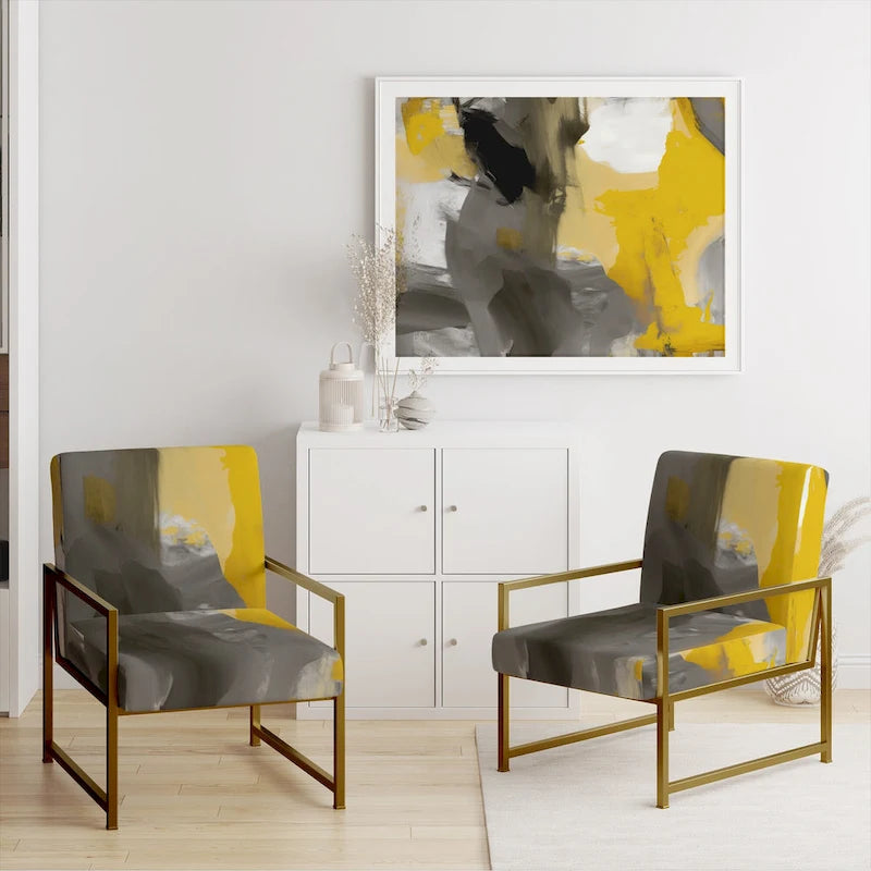 Fauteuil d'appoint abstrait rembourré Jaune Moutarde et Gris Vif II