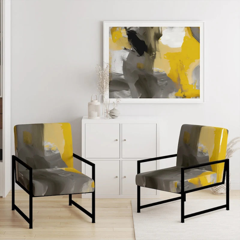 Fauteuil d'appoint abstrait rembourré Jaune Moutarde et Gris Vif II