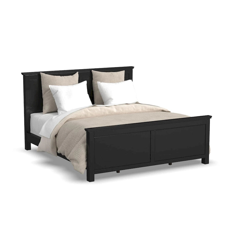 Lit King en bois noir, deux tables de chevet et une commode