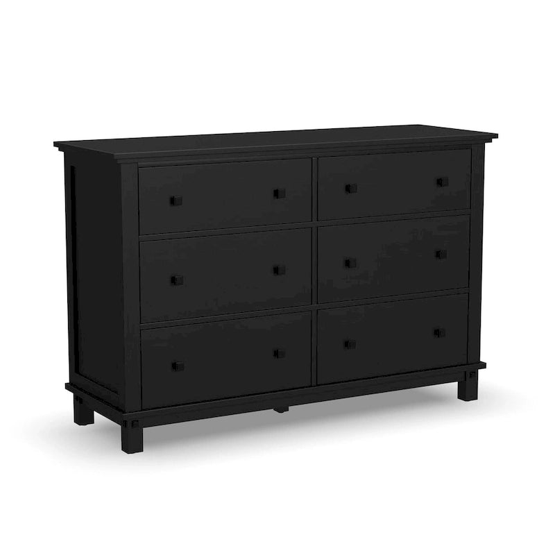 Lit King en bois noir, deux tables de chevet et une commode
