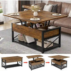 Table basse relevable avec étagère de rangement ouverte et rangement classifié caché