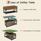 Table basse relevable avec étagère de rangement ouverte et rangement classifié caché