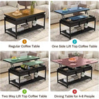 Table basse relevable avec étagère de rangement ouverte et rangement classifié caché