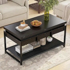Table basse relevable avec étagère de rangement ouverte et rangement classifié caché