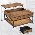 Table basse relevable avec étagère de rangement ouverte et rangement classifié caché