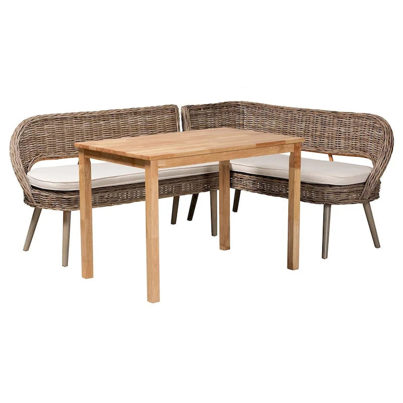 Coin repas moderne bohème en rotin Kubu naturel avec banc et table en bois