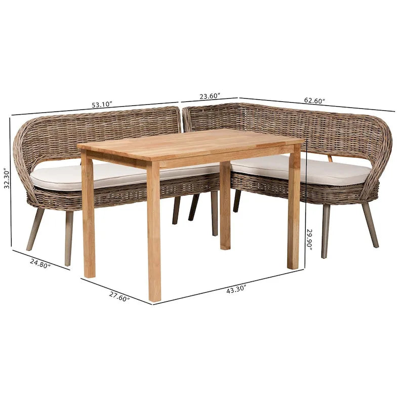 Coin repas moderne bohème en rotin Kubu naturel avec banc et table en bois