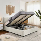 Lit plateforme Queen Size hydraulique rembourré avec rangement, tête de lit intégrée, tissu chenille, gris