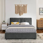 Lit plateforme Queen Size hydraulique rembourré avec rangement, tête de lit intégrée, tissu chenille, gris