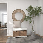 Banc de rangement en bois avec paniers en jonc de mer marron et siège rembourré - Blanc