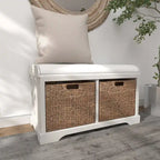 Banc de rangement en bois avec paniers en jonc de mer marron et siège rembourré - Blanc