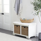 Banc de rangement en bois avec paniers en jonc de mer marron et siège rembourré - Blanc