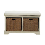 Banc de rangement en bois avec paniers en jonc de mer marron et siège rembourré - Blanc